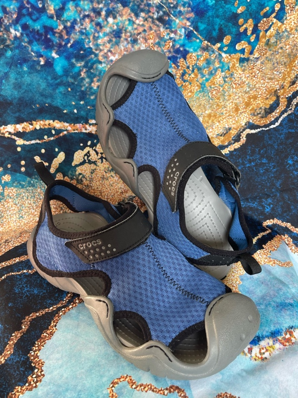 Crocs Men’s 8 Swiftwater Mesh Deck Sandal Blue Gray Water Shoes Outdoor Sport